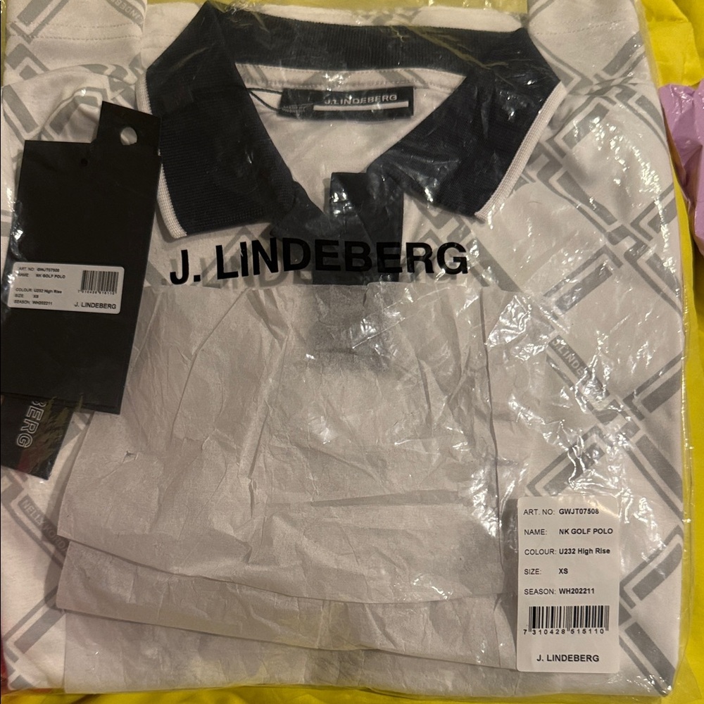 J.Lindeberg Men's White and Gray w Black neckline Polo Shirt Nelly Korda